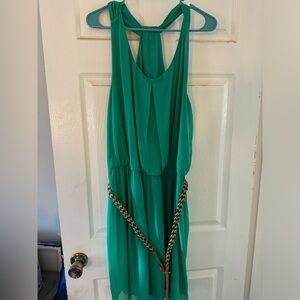 Green dress with brown belt